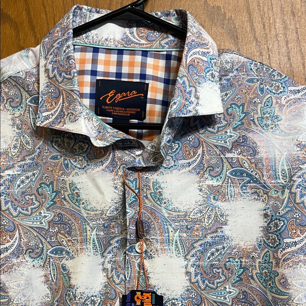 Egara Men's Paisley Button Down Shirt - Blue and Orange